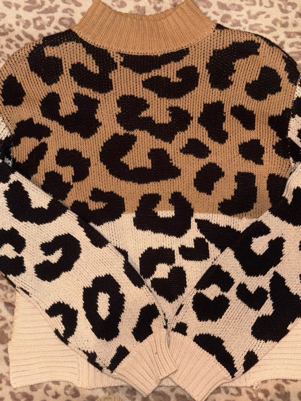 Nine West Colorblock Leopard Mock Neck Sweater - Tan, Cream & Black